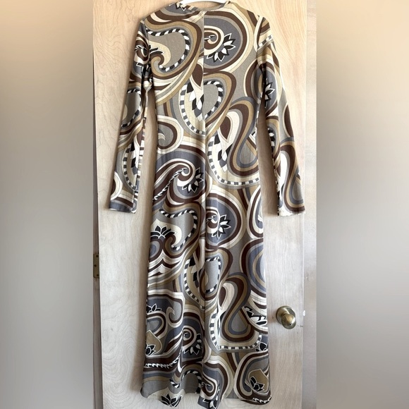 Zara Retro Abstract Print Midi Dress M Brown Gray Long Sleeve Stretch Jersey EUC - Picture 11 of 11